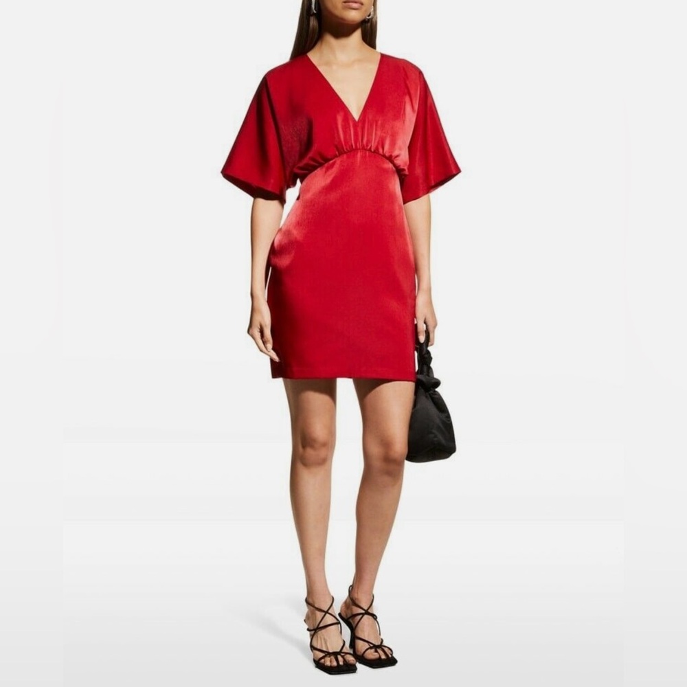 Aidan Mattox Red Kimono-Sleeve V-Neck Satin Dress